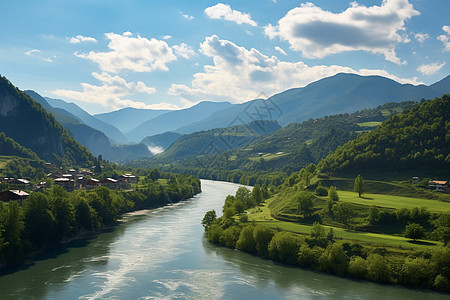 波斯尼亚绿野青山中的河流背景