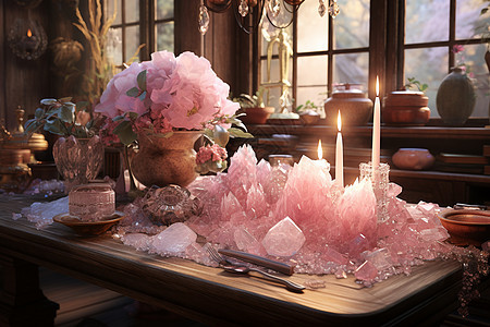 古典桌面上的粉色水晶图片