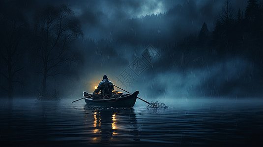 夜晚湖畔钓鱼者图片