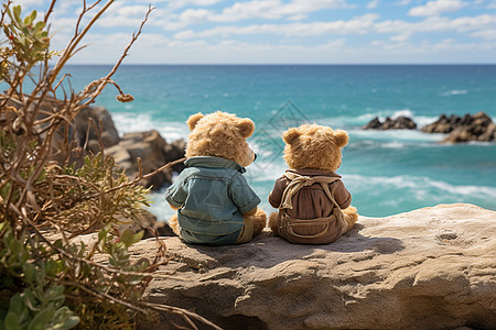 海边悬崖上的可爱小熊图片