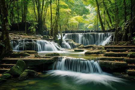 茂盛山林中的小溪背景图片