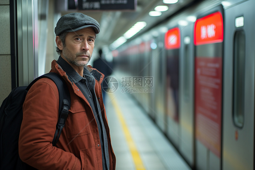 地铁站台上的中年男子图片