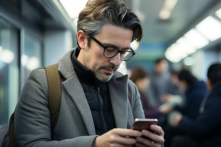 地铁中沉迷手机的男子图片
