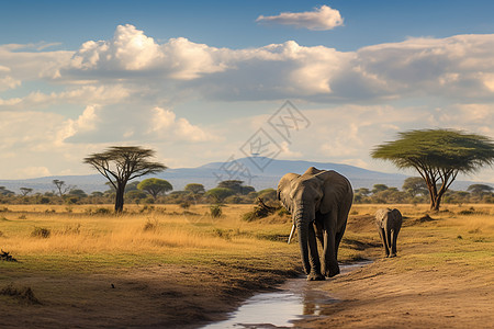 非洲草原上的野生大象背景图片
