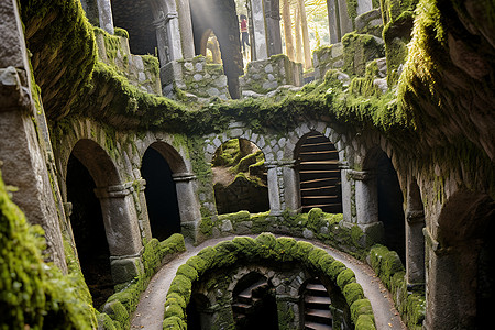 长满苔藓的古代城堡建筑背景图片