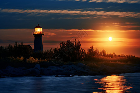 黄昏下的海边灯塔背景图片