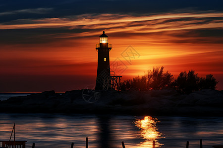 夕阳下的灯塔剪影背景图片