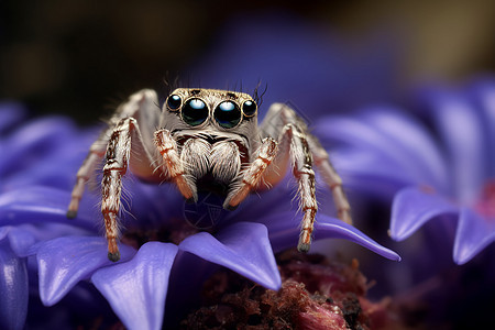 紫色花朵上的大眼蜘蛛图片