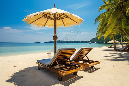 热带沙滩上舒适的度假椅图片