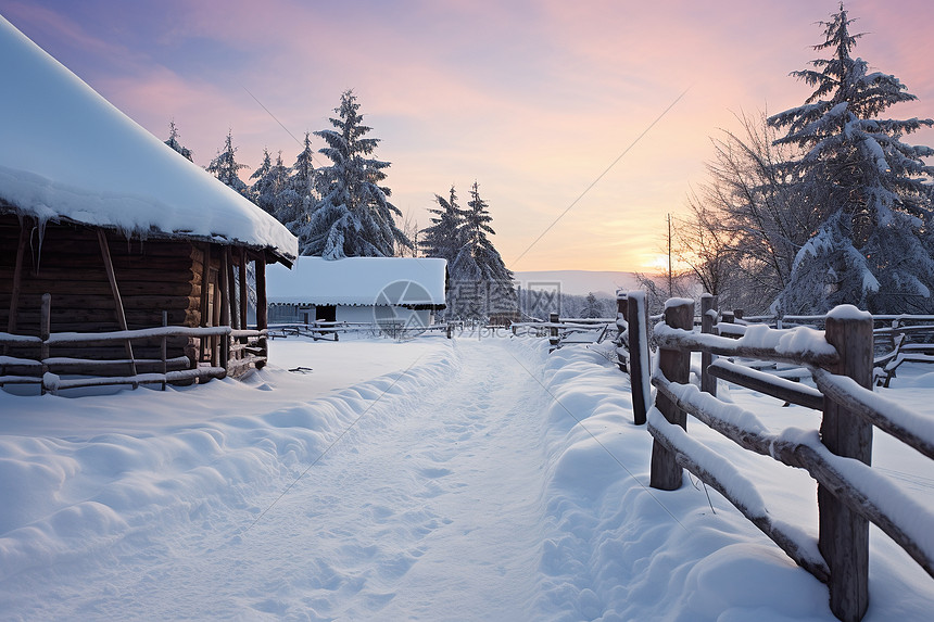 冬季山间村庄的木屋图片