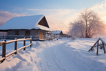 雪中的村庄插画冬季雪中的木屋背景