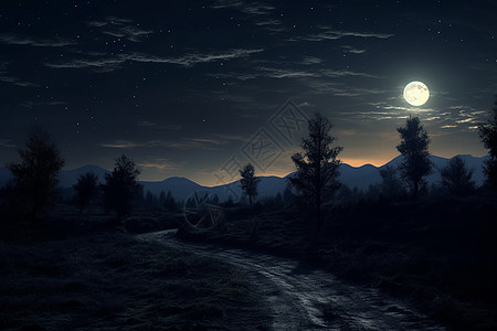 乡村夜晚的林间小路图片