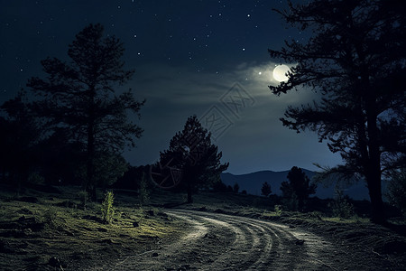 月夜明亮的林间小路背景图片