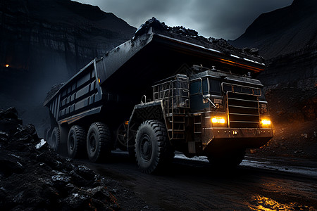 黑夜中运输煤炭的卡车图片