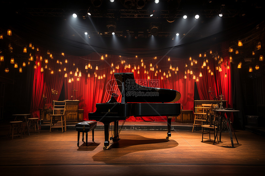 舞台聚光灯下的古典钢琴图片