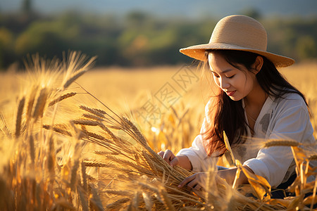 金色田野中收麦的女人图片