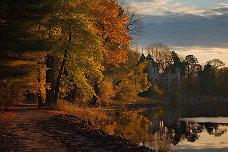 秋色湖畔的美丽景观图片