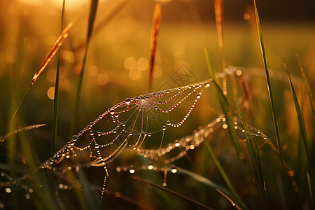 清晨覆盖露水的草地蜘蛛网图片