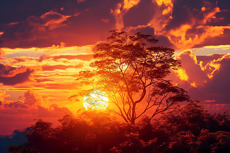 日落时天空火烧云的美丽景观背景图片