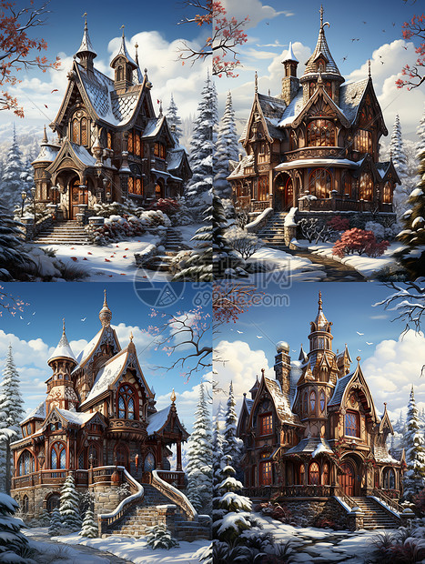 冬季白雪覆盖的欧式房屋建筑图片