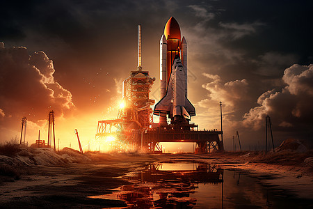 火箭起飞夕阳余晖下的火箭设计图片