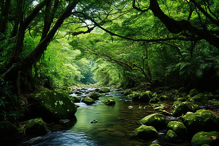 翠绿森林中的小溪背景图片