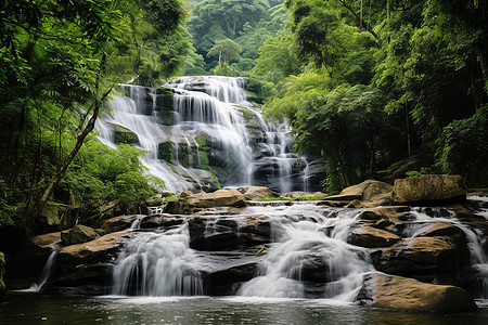 茂密丛林中的瀑布飞流背景图片