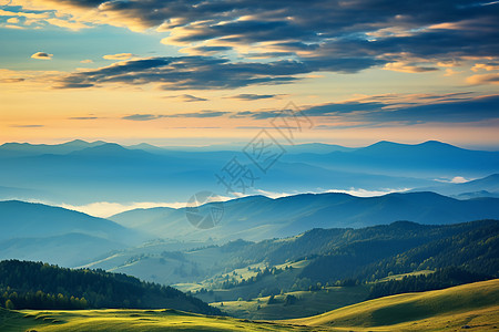落日余晖下的山脉景观图片