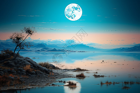 湖畔的明月之景图片