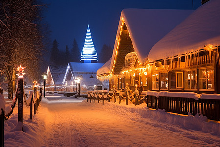 冬夜雪街圣诞树与教堂背景
