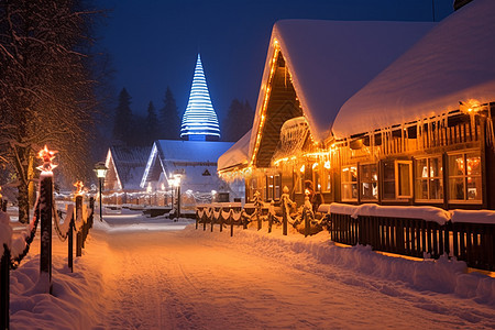 冬夜雪街圣诞树与教堂图片