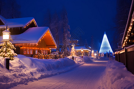 冬夜雪街圣诞树与教堂背景