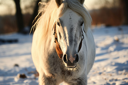 白马在雪地中图片