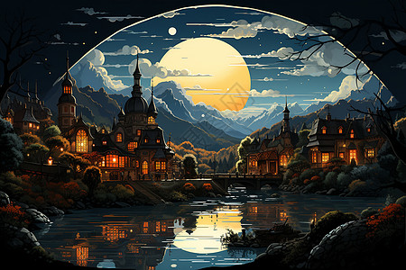 夜间的村庄背景图片