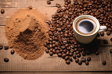 桌面上的咖啡豆黑咖啡粉图片