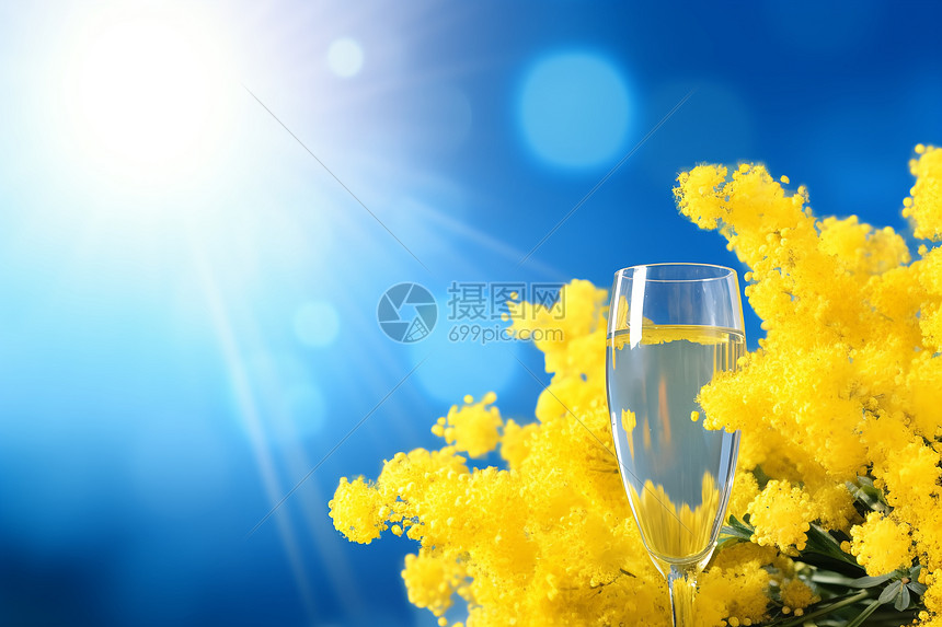 阳光下的黄花与香槟图片