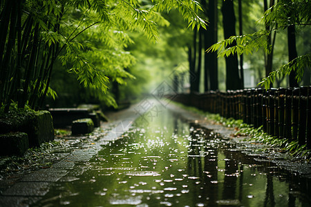 雨后静谧的竹林小路地面图片