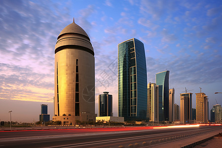 傍晚壮观的卡塔尔城市建筑背景图片