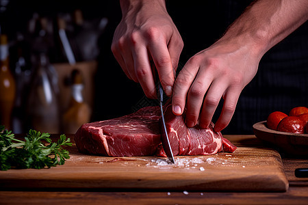 菜板上正在切制的鲜肉图片
