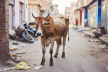 乡村街道上的牛图片