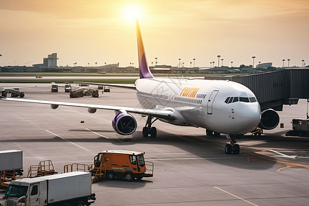 航空机场日落下机场停靠的飞机背景