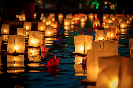 夜晚水面上祈祷的纸灯高清图片