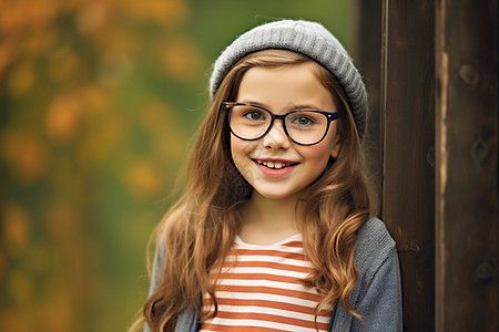 金发小女孩秋季户外戴眼镜的小女孩背景