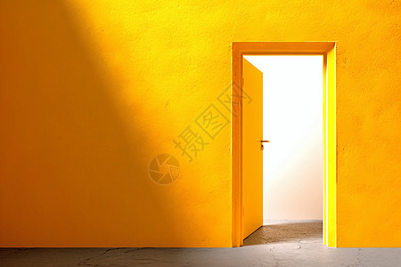 一扇门开在黄色的墙上图片
