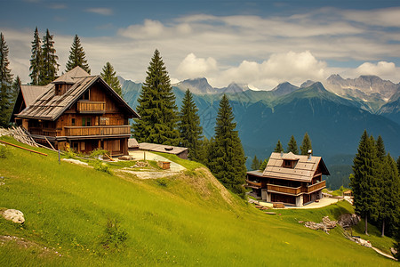 夏季山间小屋的美丽景观图片