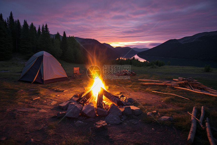 山谷中露营的帐篷图片