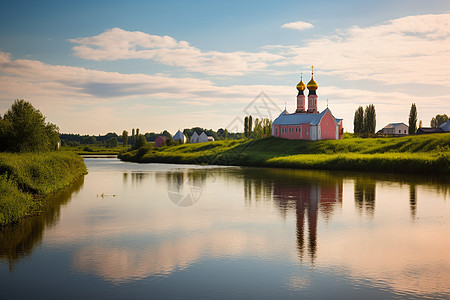 河畔小教堂的美丽景观图片