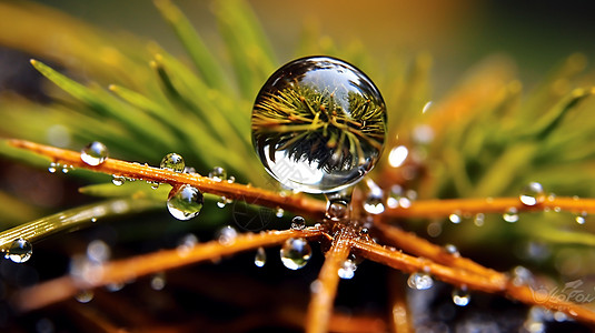 水滴在松树枝上图片