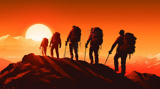 迎着日出爬山的队伍背景图片