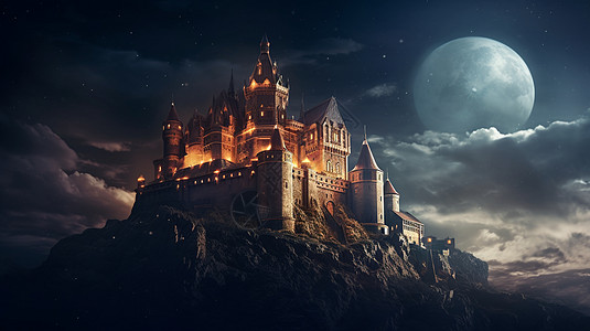 满月下的城堡背景图片